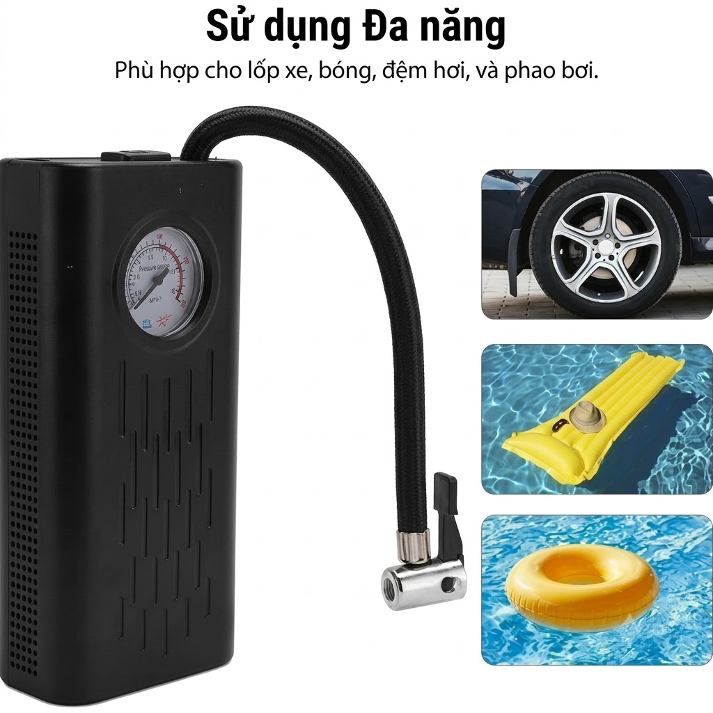[Biz-E] Bơm Hơi Mini Đa Năng Có Đồng Hồ Áp Suất Bơm Lốp Xe Ô Tô, Xe Máy, Nệm Hơi, Bóng Kèm Đầu Bơm Tiện Lợi (2)