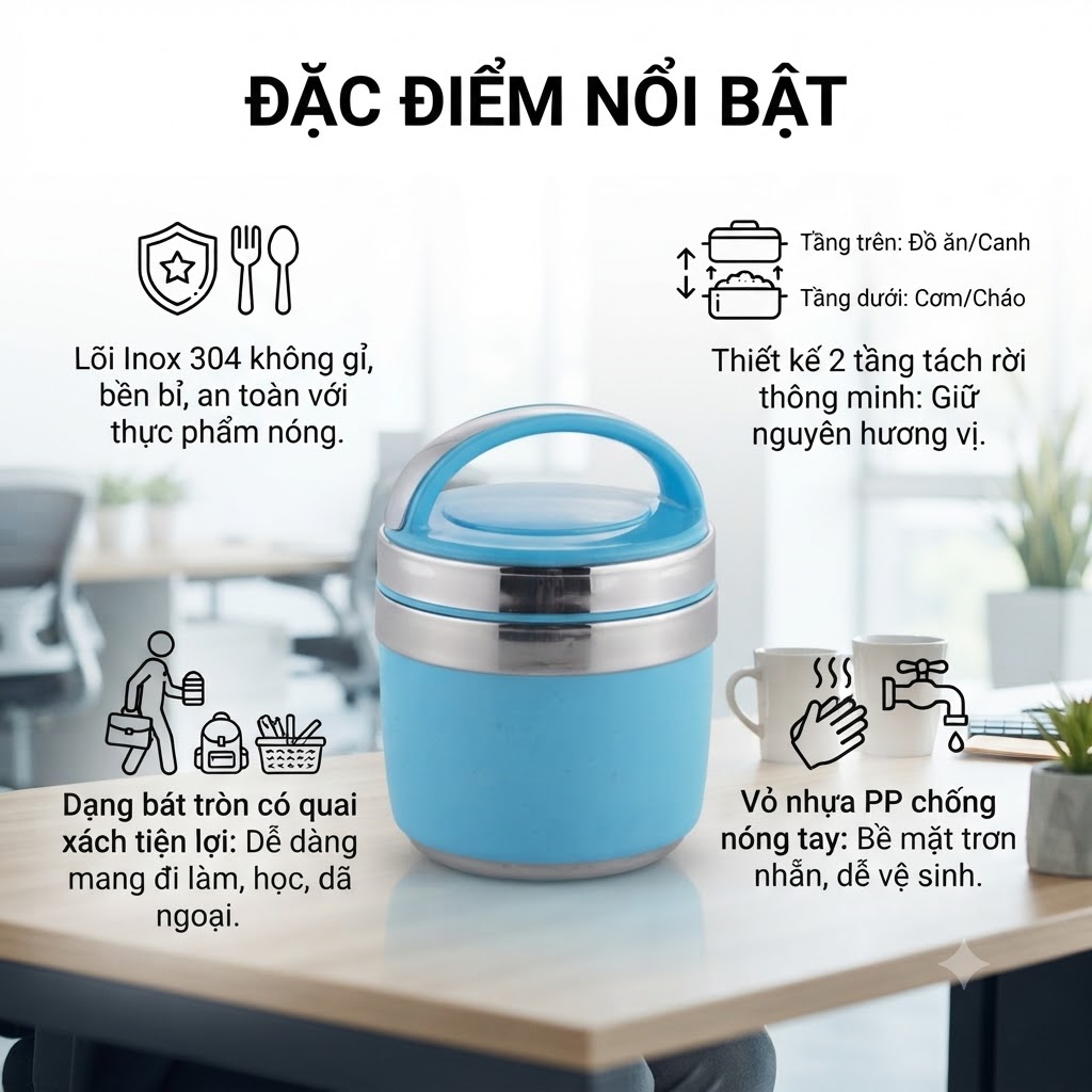 Cà Men Giữ Nhiệt 2 Tầng Inox 304 Dạng Bát Tròn Đựng Canh Cháo Cơm Mang Đi Học, Văn Phòng Tiện Lợi, Thanh Lịch (1)