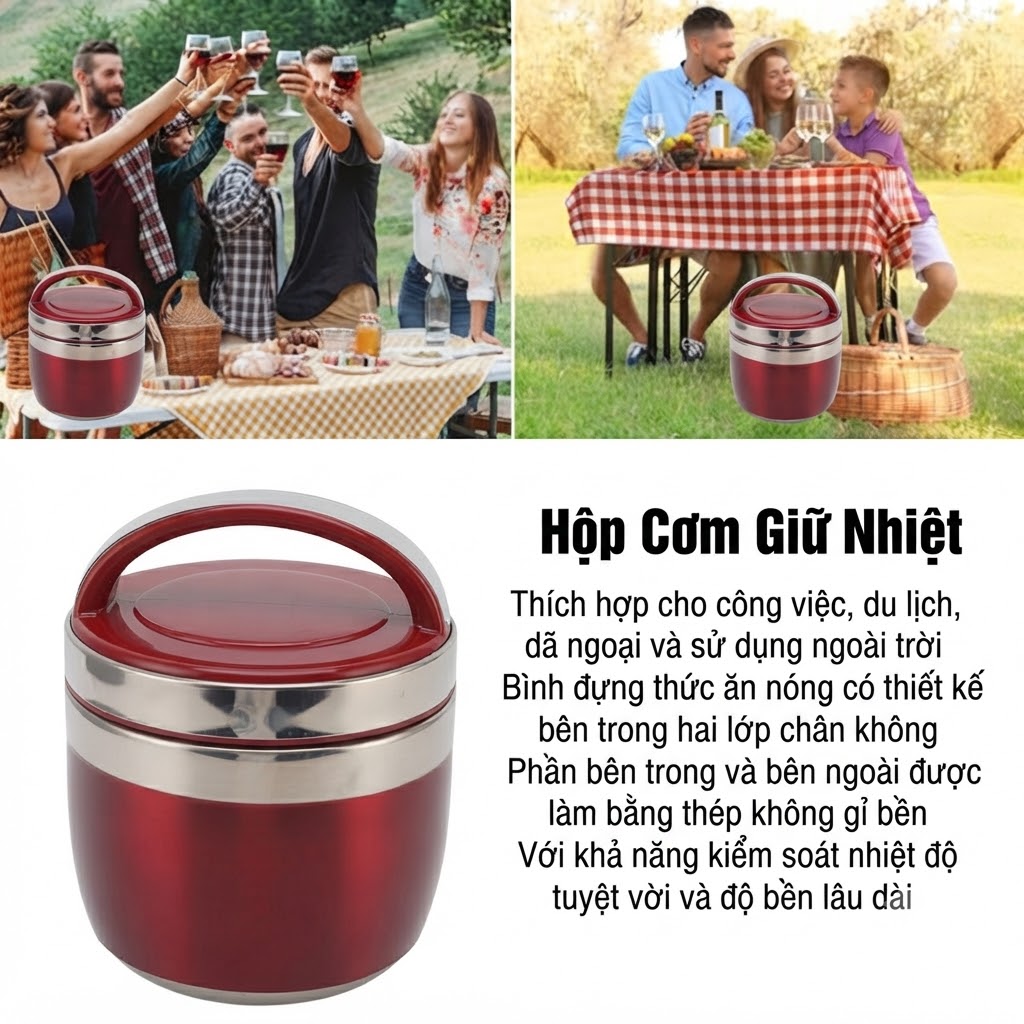 Cà Men Giữ Nhiệt 2 Tầng Inox 304 Dạng Bát Tròn Đựng Canh Cháo Cơm Mang Đi Học, Văn Phòng Tiện Lợi, Thanh Lịch