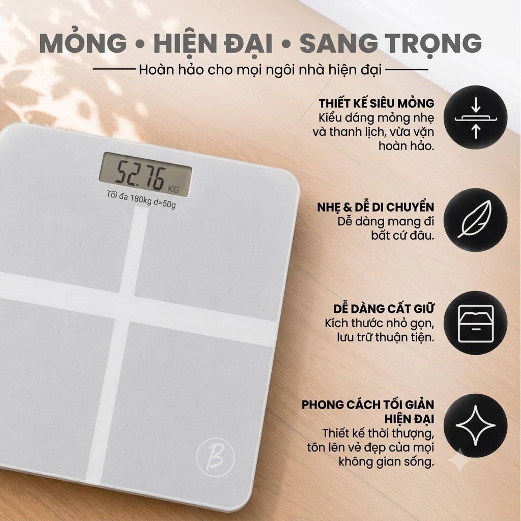 Cân Sức Khỏe Điện Tử Hình Chữ Thập Mặt Kính Cường Lực Tải Trọng 180Kg Màn Hình LCD Hiển Thị Rõ Nét