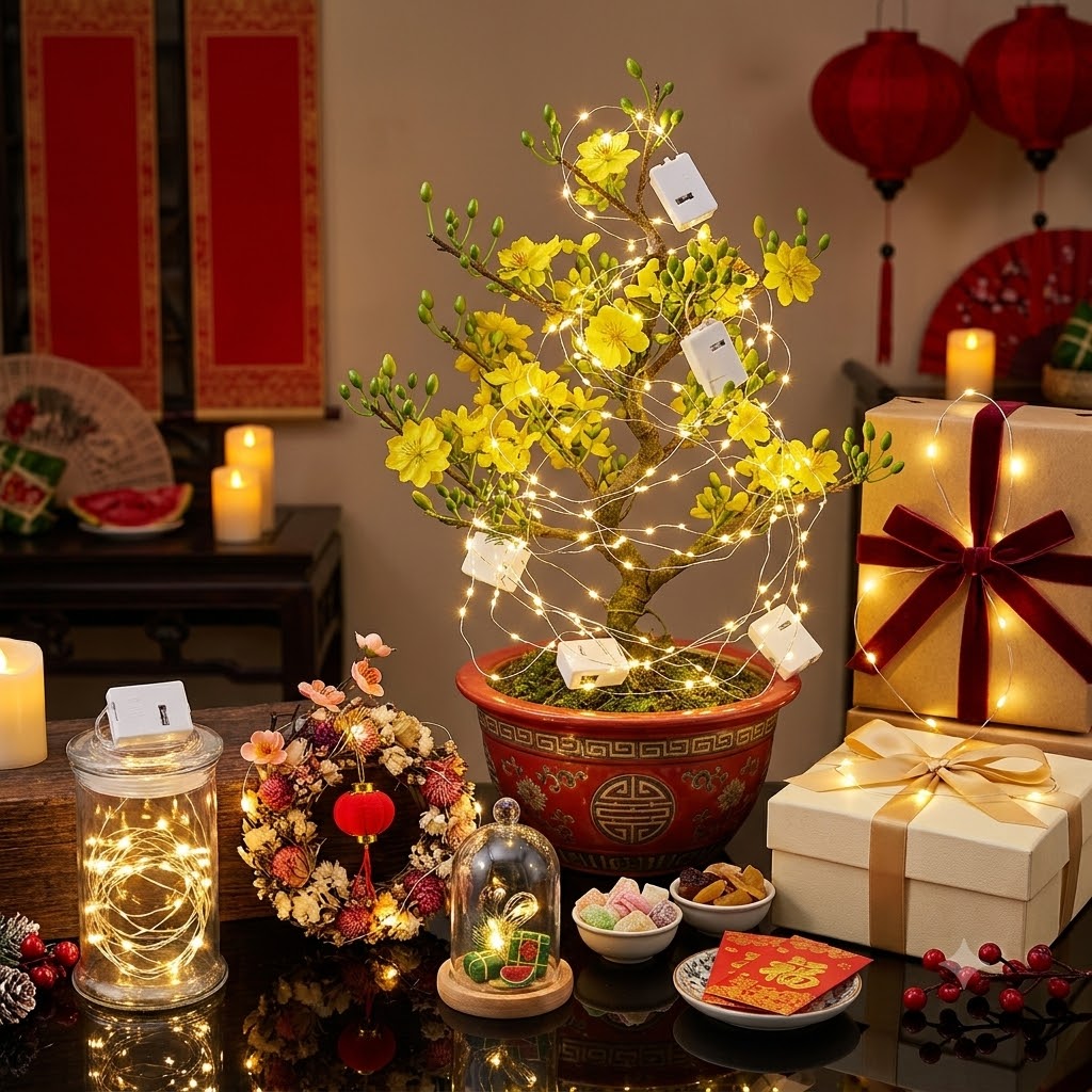 Dây Đèn LED Đom Đóm Fairylight 2M Có Sẵn Pin Nhiều Chế Độ Sáng Trang Trí Noel Dịp Lễ Tết Hộp Quà
