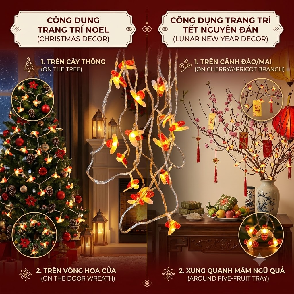 Đèn Nháy Con Ong Dài 8M Dây Đèn LED Decor Cây Thông Noel Cảnh Quan Sân Vườn Tiệc Tiết Kiệm Điện (5)