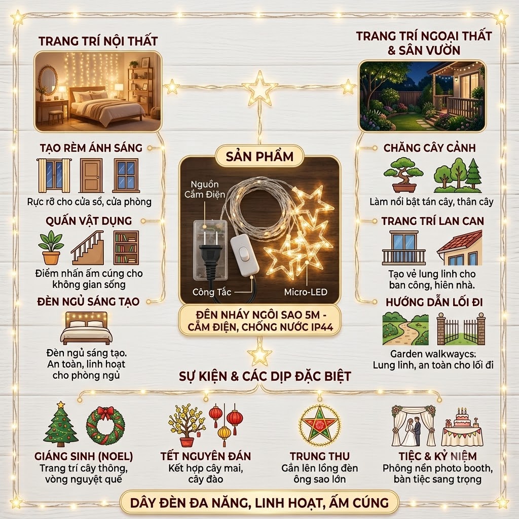 Đèn Nháy Ngôi Sao Dài 5M Dây LED Trang Trí Phòng Ngủ Cây Thông Noel Lễ Tết Tiện Lợi Bền Đẹp (5)
