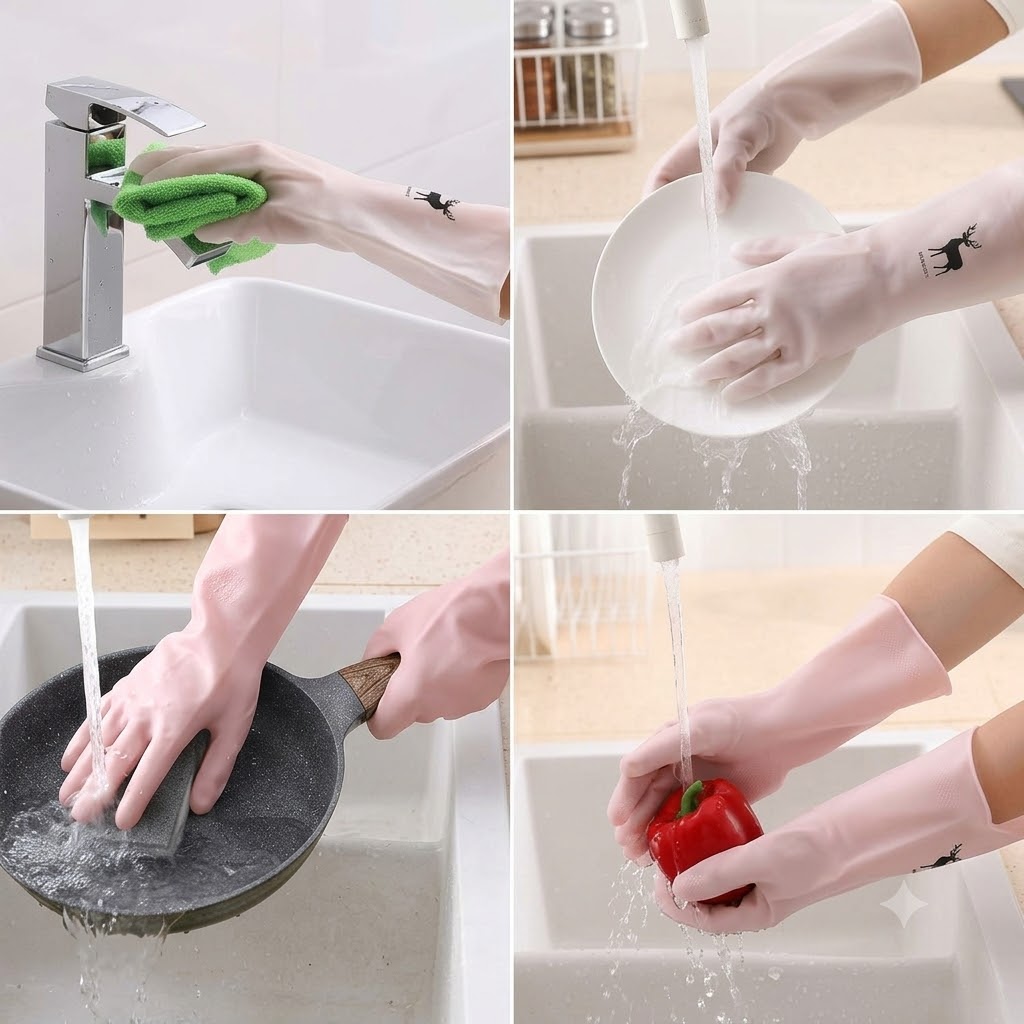 Găng Tay Cao Su Cổ Ngắn Họa Tiết Hươu Rửa Chén Bát Chống Nước Dày Dặn Bảo Vệ Da Tay Vệ Sinh Nhà Cửa Bếp Núc