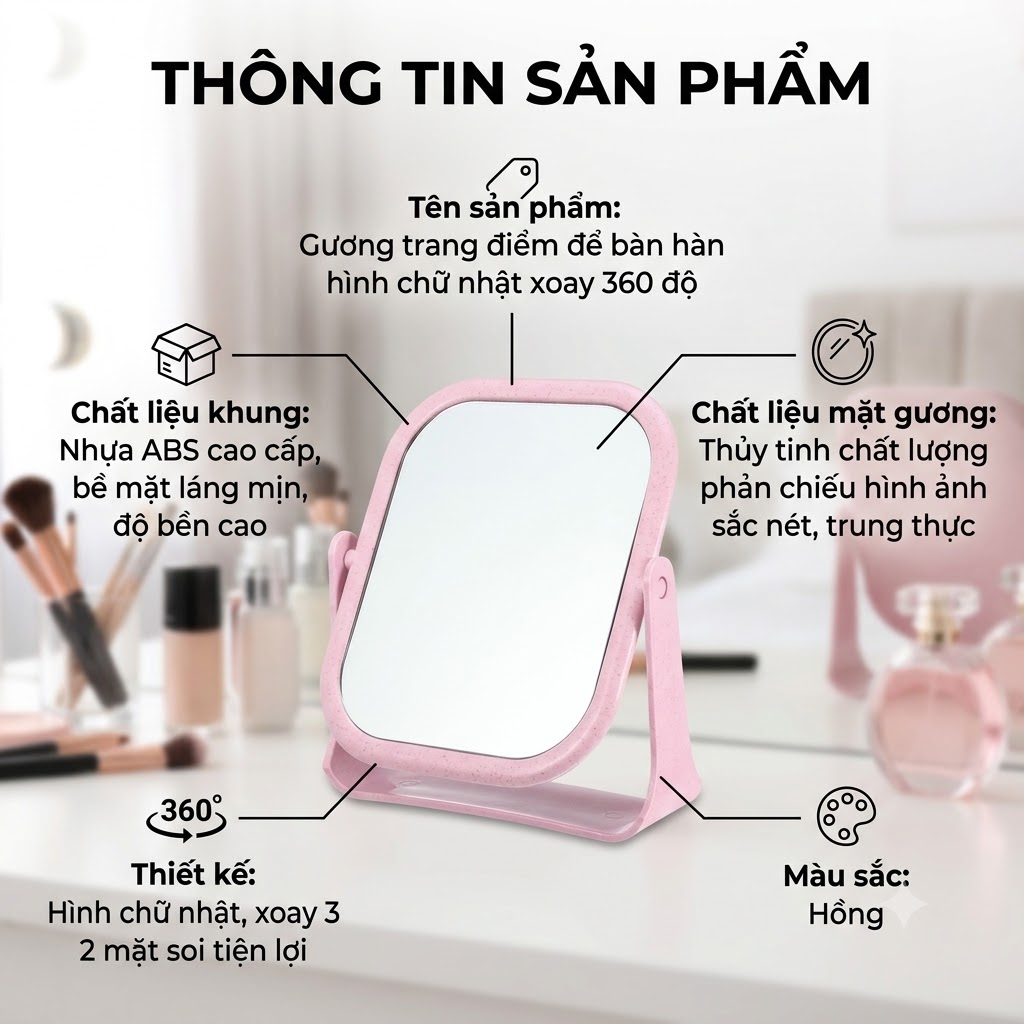 Gương Trang Điểm Để Bàn Chữ Nhật Xoay 360 Độ Soi 2 Mặt Tiện Lợi Khung Nhựa ABS Cao Cấp Phong Cách Hàn Quốc (2)