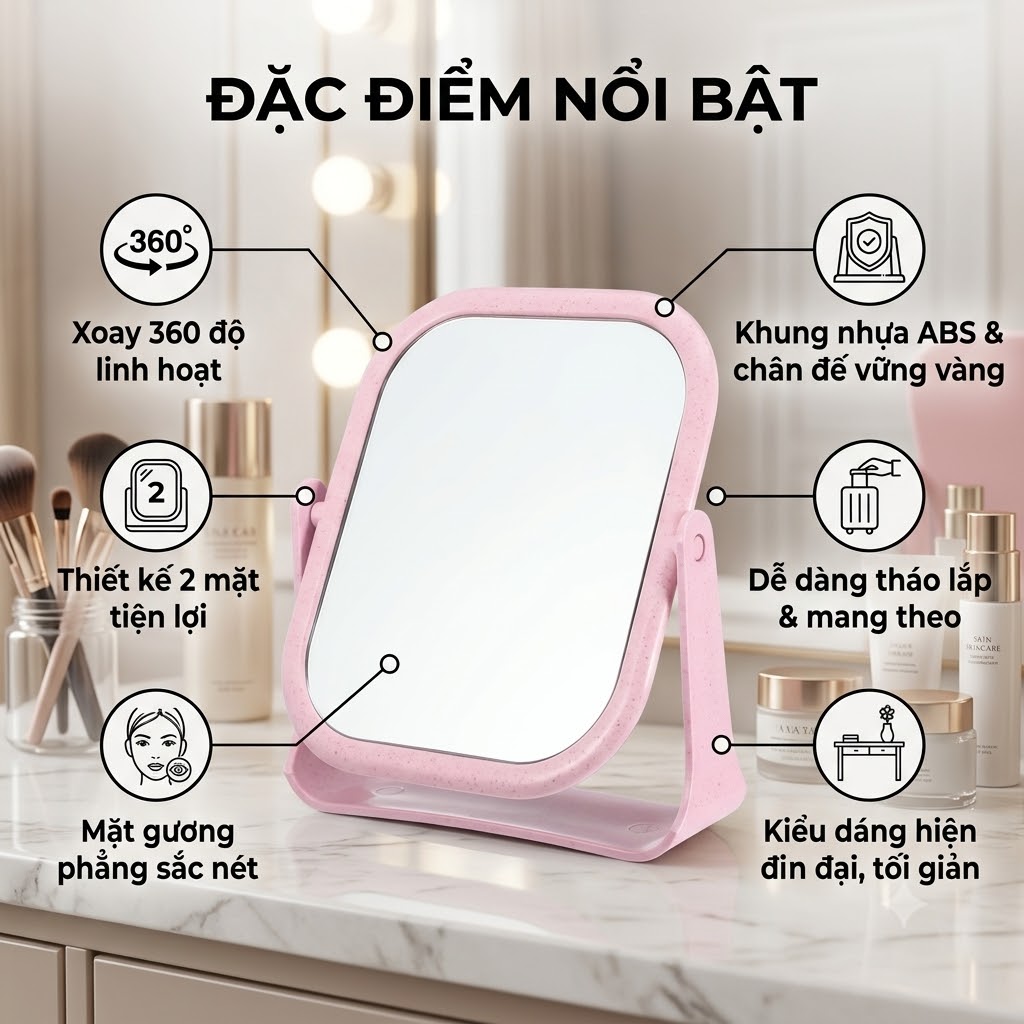 Gương Trang Điểm Để Bàn Chữ Nhật Xoay 360 Độ Soi 2 Mặt Tiện Lợi Khung Nhựa ABS Cao Cấp Phong Cách Hàn Quốc (7)