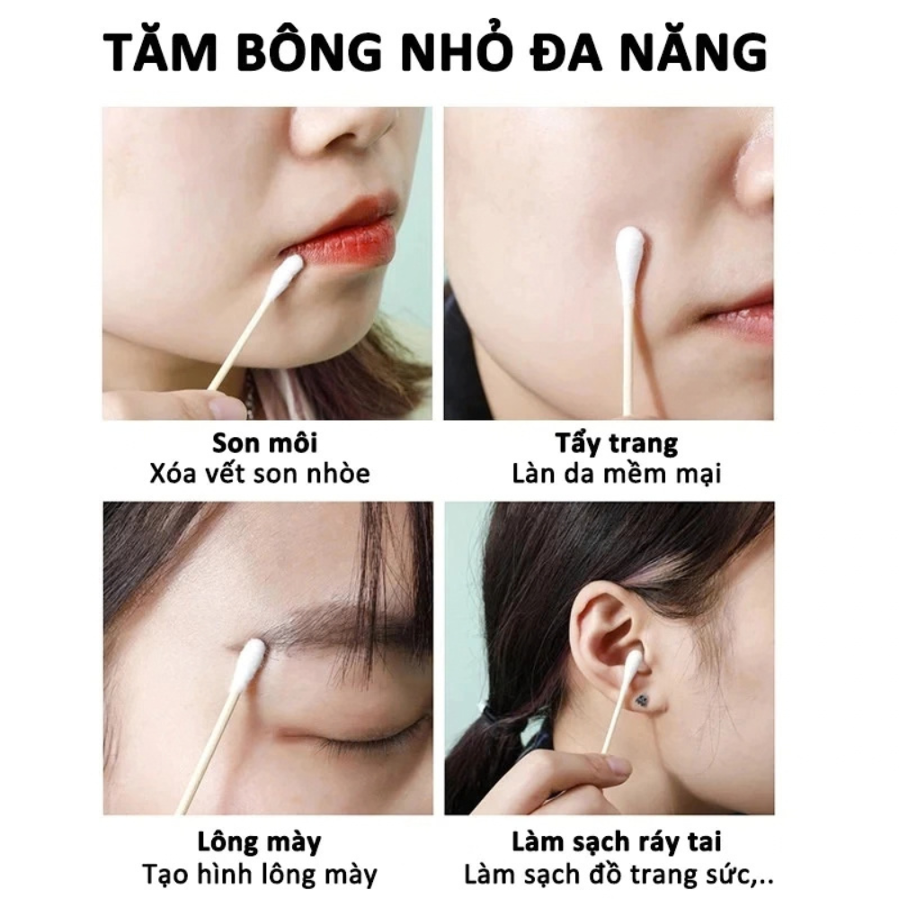 Hộp 500 Que Tăm Bông Thân Gỗ Tự Nhiên Đầu Bông Cotton Mềm Mại Dùng Cho Gia Đình Vệ Sinh Cá Nhân Trang Điểm