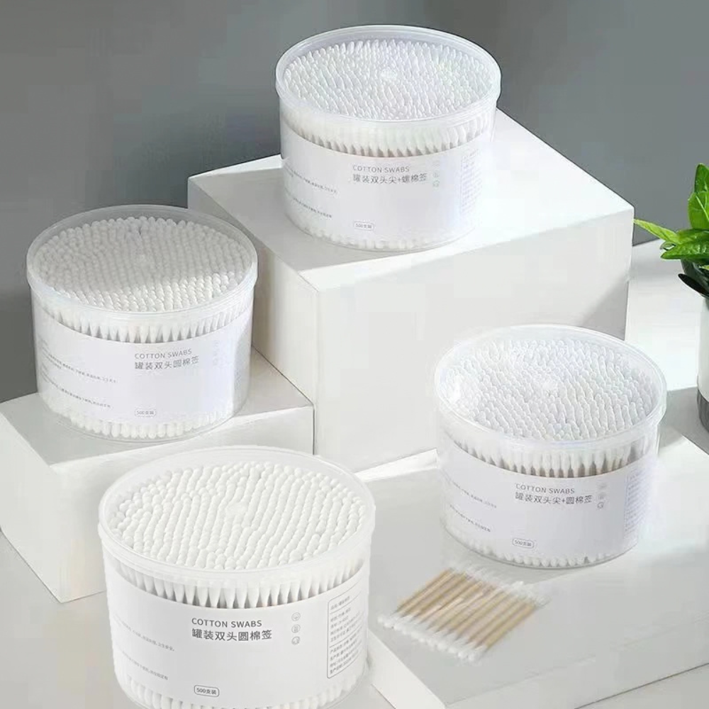 Hộp 500 Que Tăm Bông Thân Gỗ Tự Nhiên Đầu Bông Cotton Mềm Mại Dùng Cho Gia Đình Vệ Sinh Cá Nhân Trang Điểm (4)