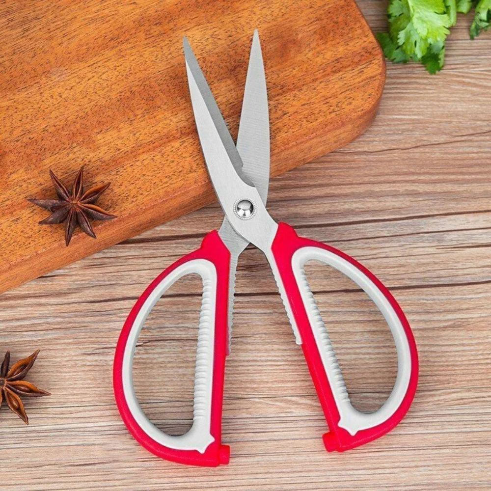 Kéo Đa Năng Inox Cán Nhựa Đỏ Cắt Thực Phẩm Thịt Gà Rau Củ Giấy Văn Phòng Dụng Cụ Bếp Tiện Lợi Bền Bỉ (1)