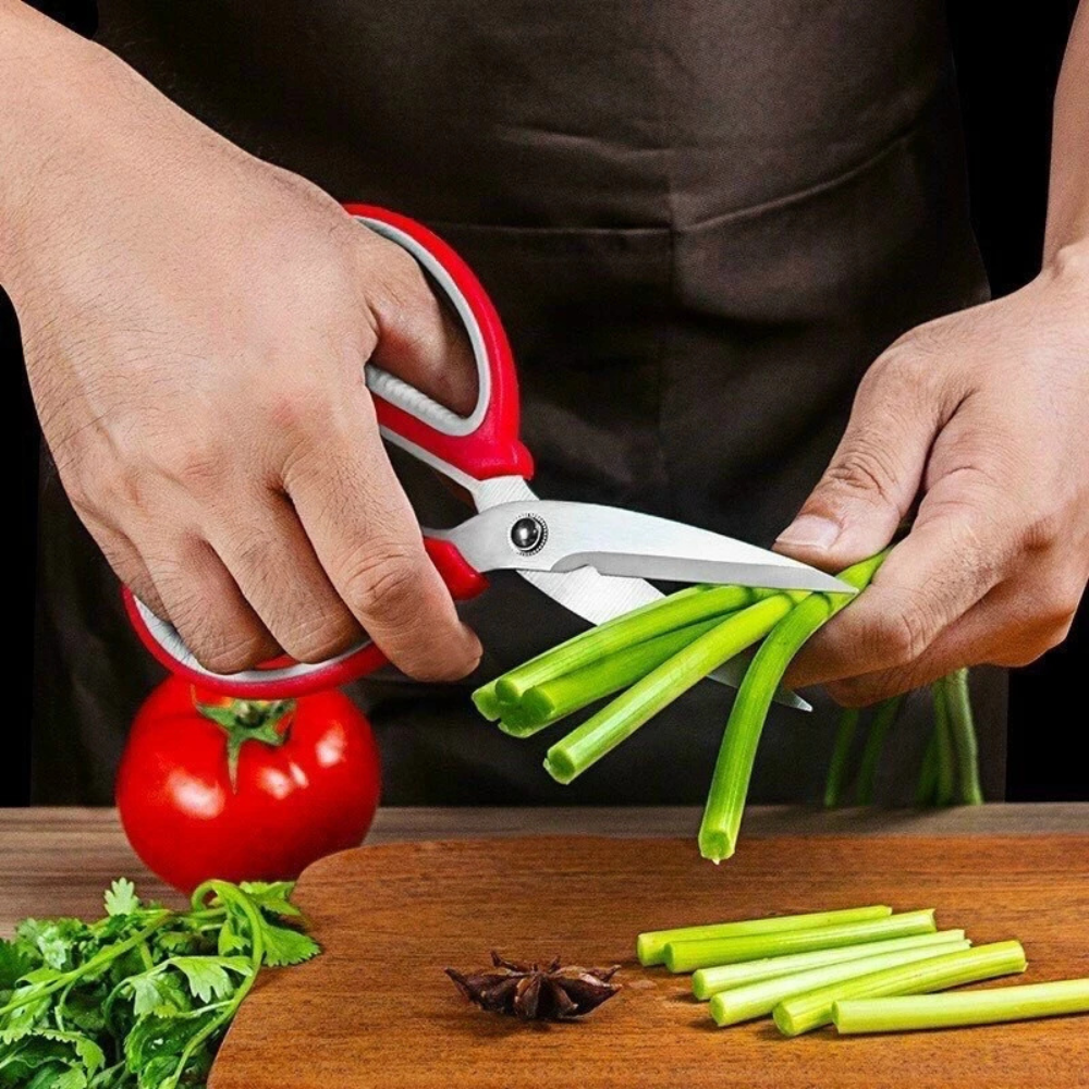 Kéo Đa Năng Inox Cán Nhựa Đỏ Cắt Thực Phẩm Thịt Gà Rau Củ Giấy Văn Phòng Dụng Cụ Bếp Tiện Lợi Bền Bỉ (3)