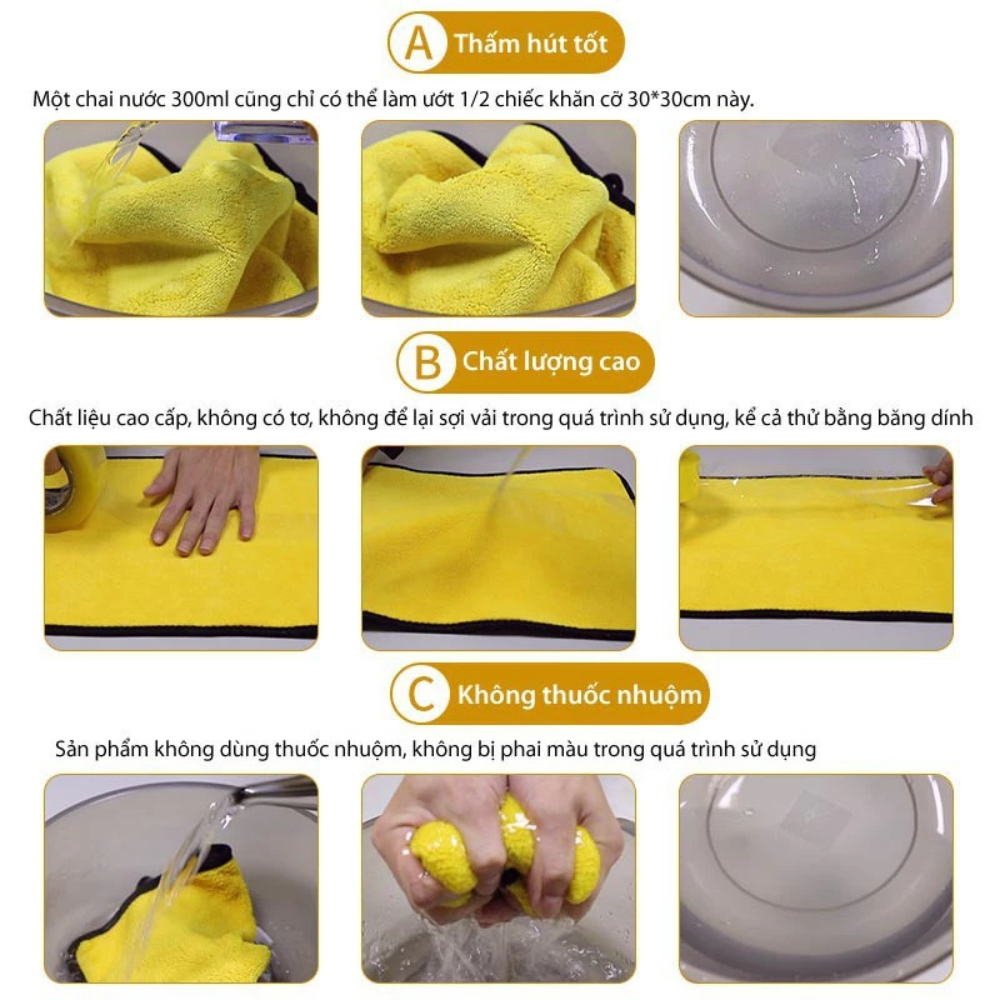 Khăn Lau Đa Năng Microfiber 30x60cm Màu Vàng Thấm Hút Tốt Lau Ô Tô Bếp Nhà Cửa Dày Dặn Không Mất Sợi (11)