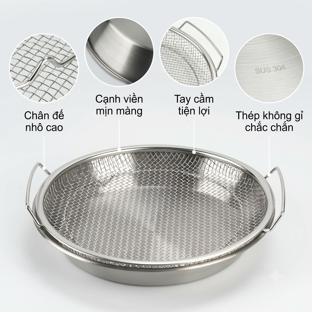 Khay Kèm Vỉ Lưới Lọc Dầu Inox 304 Size 22cm (1)