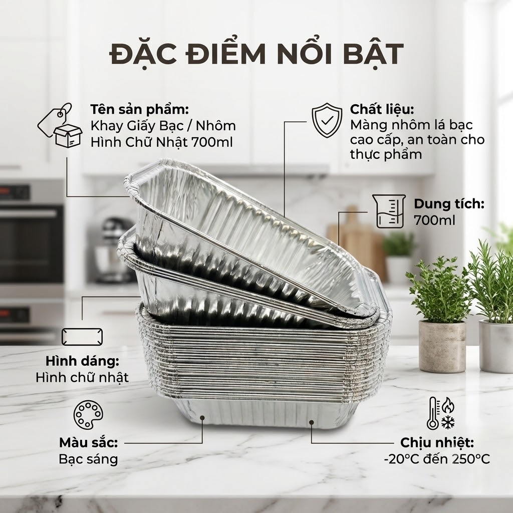 Khay Nhôm Giấy Bạc Chữ Nhật 700ml Đựng Thực Phẩm Bánh Nướng Lò Vi Sóng Nồi Chiên Không Dầu An Toàn Tiết Kiệm (2)
