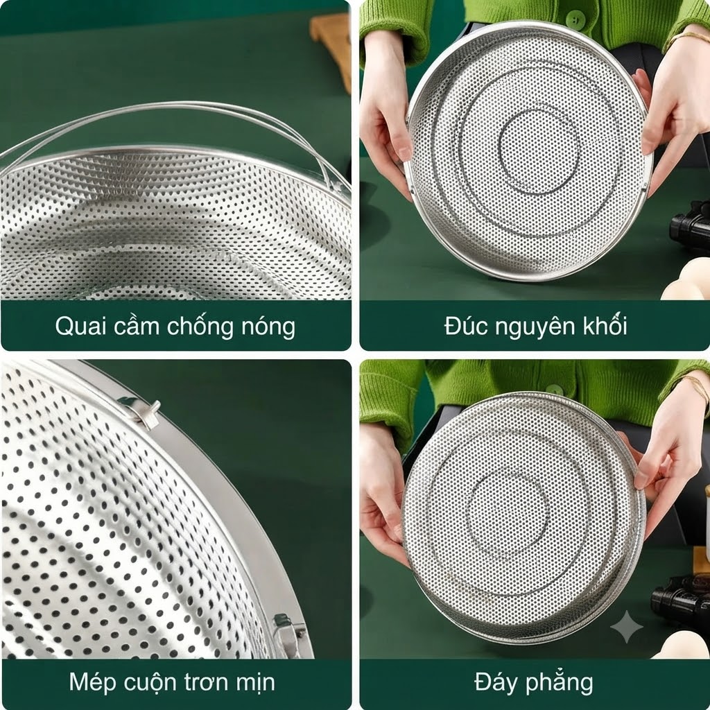 Khay Rổ Hấp Inox Đa Năng Hình Tròn Đường Kính 22.5cm Kèm Chân Đế Tiện Lợi Cho Nhà Bếp