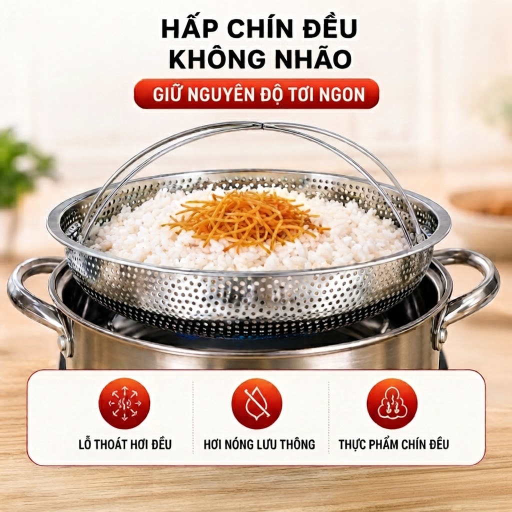 Khay Rổ Hấp Inox Đa Năng Hình Tròn Đường Kính 22.5cm Kèm Chân Đế Tiện Lợi Cho Nhà Bếp (2)