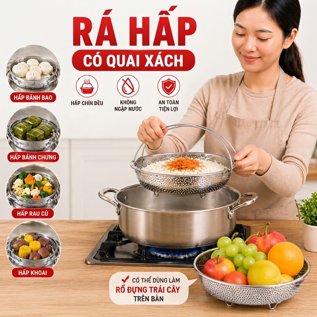 Khay Rổ Hấp Inox Đa Năng Hình Tròn Đường Kính 22.5cm Kèm Chân Đế Tiện Lợi Cho Nhà Bếp (3)