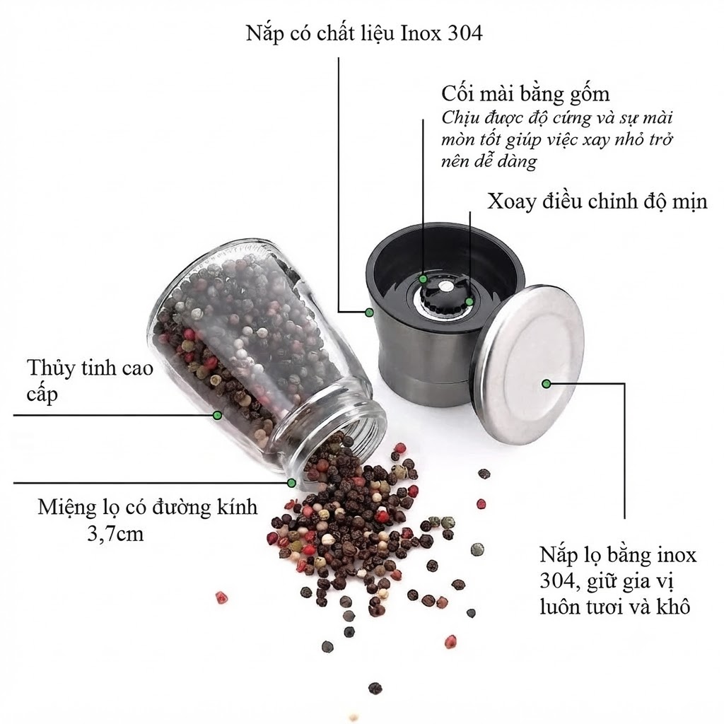 Lọ Xay Hạt Tiêu Cầm Tay Thủy Tinh Cao Cấp Nắp Inox 304 Cối Xay Muối Gia Vị Điều Chỉnh Độ Mịn Tiện Dụng (2)