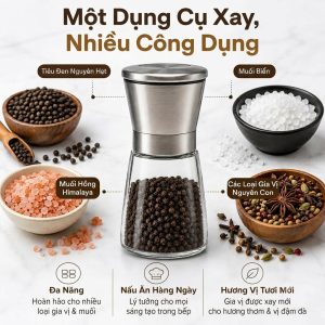 Lọ Xay Hạt Tiêu Cầm Tay Thủy Tinh Cao Cấp Nắp Inox 304 Cối Xay Muối Gia Vị Điều Chỉnh Độ Mịn Tiện Dụng (3)