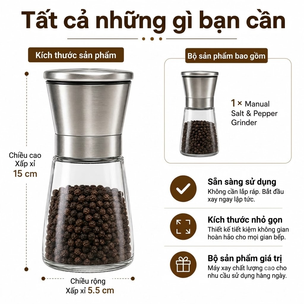 Lọ Xay Hạt Tiêu Cầm Tay Thủy Tinh Cao Cấp Nắp Inox 304 Cối Xay Muối Gia Vị Điều Chỉnh Độ Mịn Tiện Dụng (4)