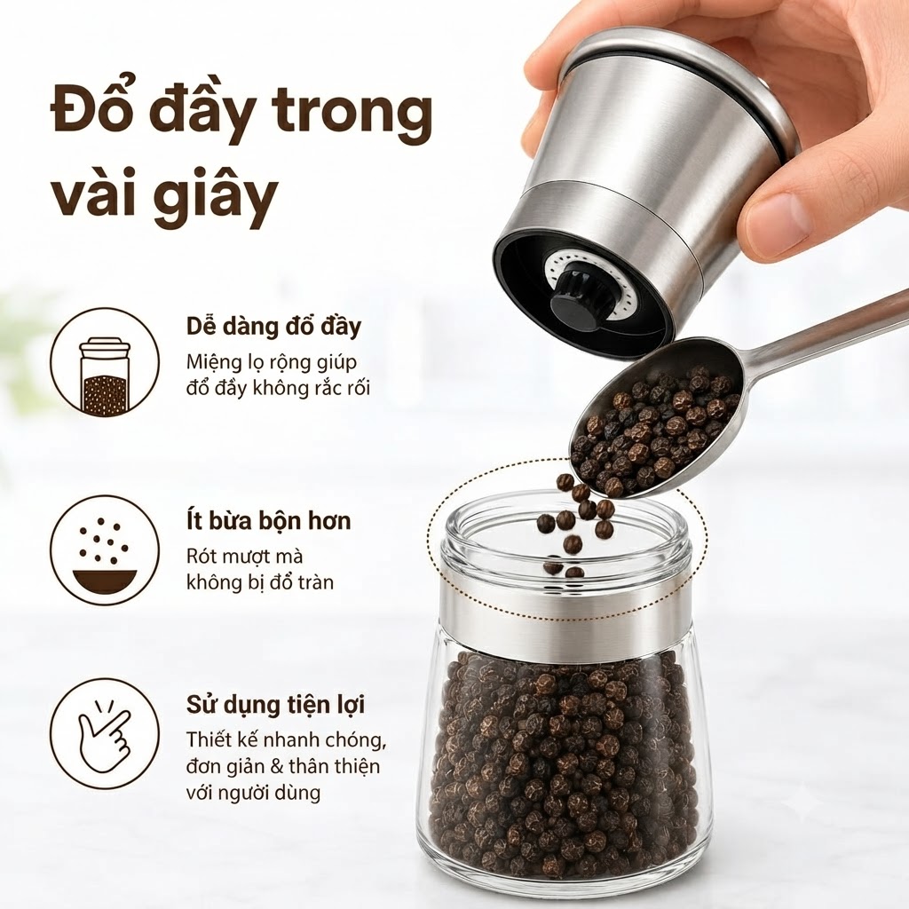 Lọ Xay Hạt Tiêu Cầm Tay Thủy Tinh Cao Cấp Nắp Inox 304 Cối Xay Muối Gia Vị Điều Chỉnh Độ Mịn Tiện Dụng (5)
