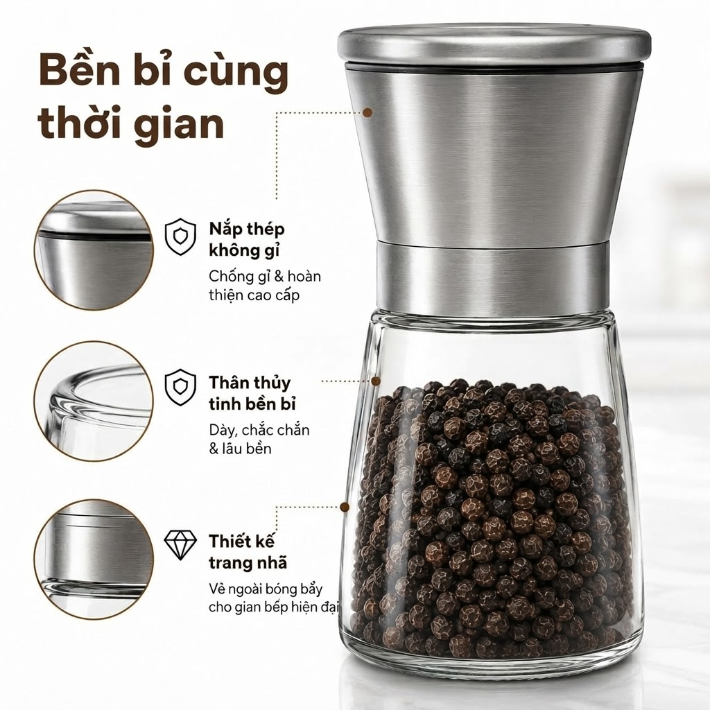 Lọ Xay Hạt Tiêu Cầm Tay Thủy Tinh Cao Cấp Nắp Inox 304 Cối Xay Muối Gia Vị Điều Chỉnh Độ Mịn Tiện Dụng (6)