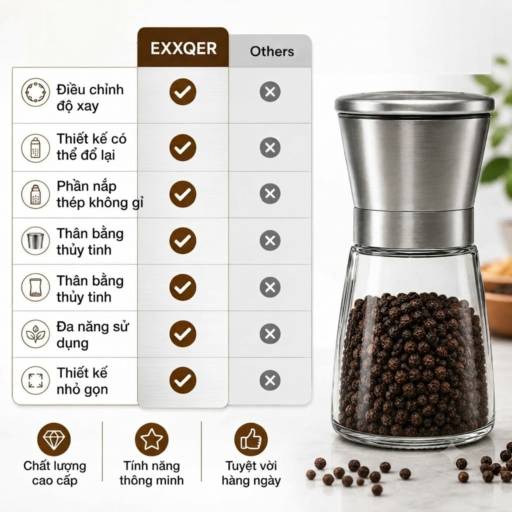 Lọ Xay Hạt Tiêu Cầm Tay Thủy Tinh Cao Cấp Nắp Inox 304 Cối Xay Muối Gia Vị Điều Chỉnh Độ Mịn Tiện Dụng (8)
