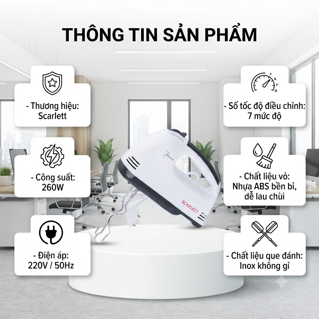 Scarlett Máy Đánh Trứng Cầm Tay 7 Tốc Độ Công Suất 260W Kèm 4 Que Tẩy Tạo Bọt Kem Trộn Bột Tiện Lợi (1)