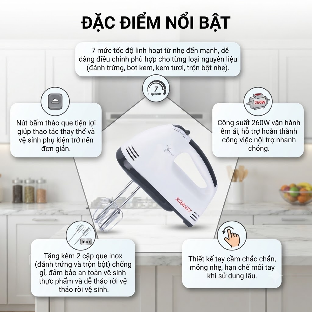 Scarlett Máy Đánh Trứng Cầm Tay 7 Tốc Độ Công Suất 260W Kèm 4 Que Tẩy Tạo Bọt Kem Trộn Bột Tiện Lợi (2)
