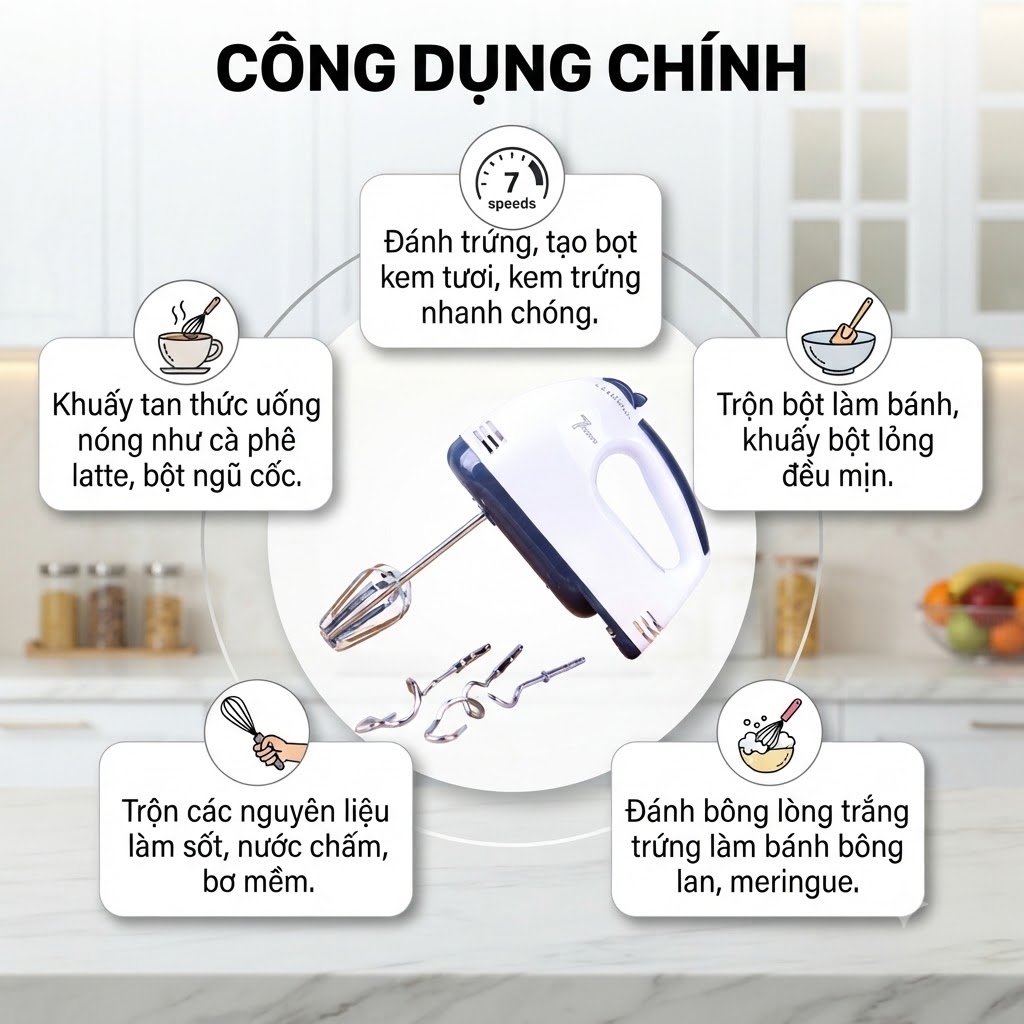 Scarlett Máy Đánh Trứng Cầm Tay 7 Tốc Độ Công Suất 260W Kèm 4 Que Tẩy Tạo Bọt Kem Trộn Bột Tiện Lợi (3)